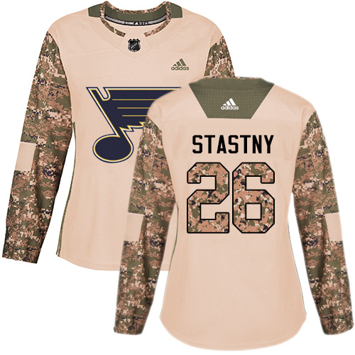 Adidas Blues #26 Paul Stastny Camo Authentic Veterans Day Women's Stitched NHL Jersey - Click Image to Close
